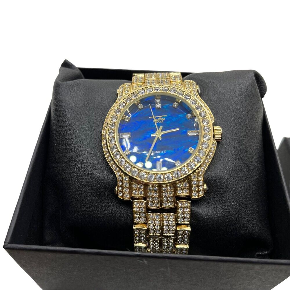 Ice Culture Watch Iced Out Bling New in Box Gold Tone Blue Face Men's Hip Hop
